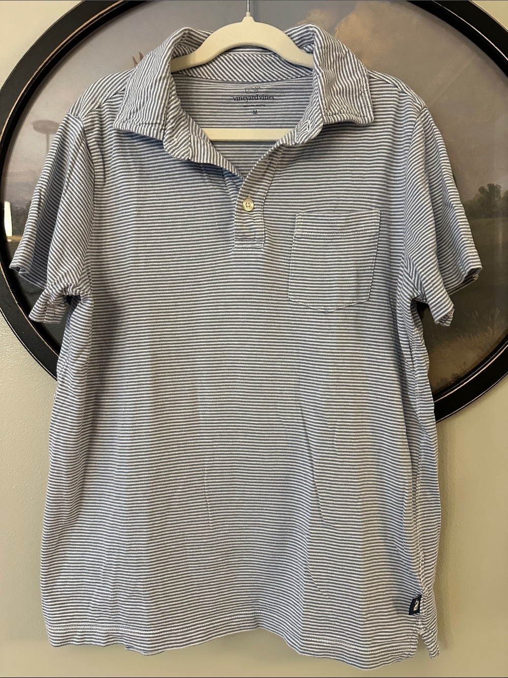 Vineyard Vines Light Blue and White Micro-Stripe Polo
